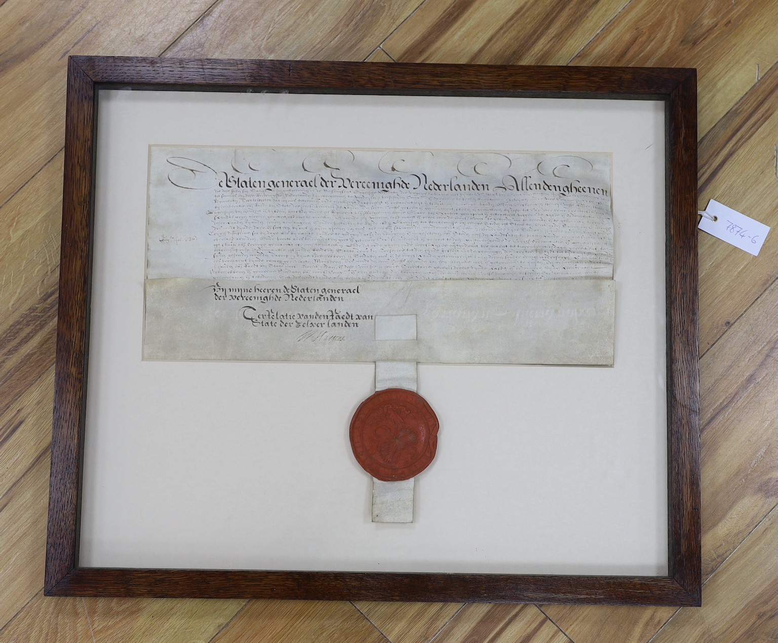 Sealed commission (in Dutch) issued by the States-General of the United Netherlands to Henry Crofts, knight, as a captain in the regiment commanded by Henry de Vere, eighteenth earl of Oxford; The Hague, 28 August 1624